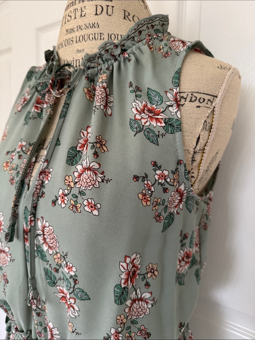 Max Studio brand Womens Sage Green Floral Ruffle Tie-Neck Maxi Sleeveless Dress